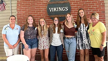 Pictured from left Mindy Worden, 
              IOV Grand Chief, Allison Tilburg, Maddie Johnson, Corinne Covert, Natalie Fosberg, Rachael Harper, and Ingjald Lodge 
              Vice Chief Dawn Stuart